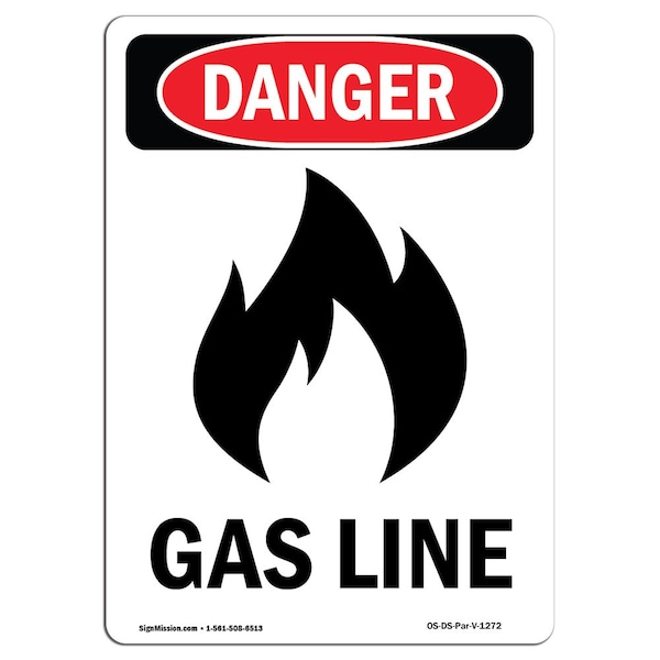 Safety Sign, OSHA Danger, 5" Height, Gas Line, Portrait, 10PK